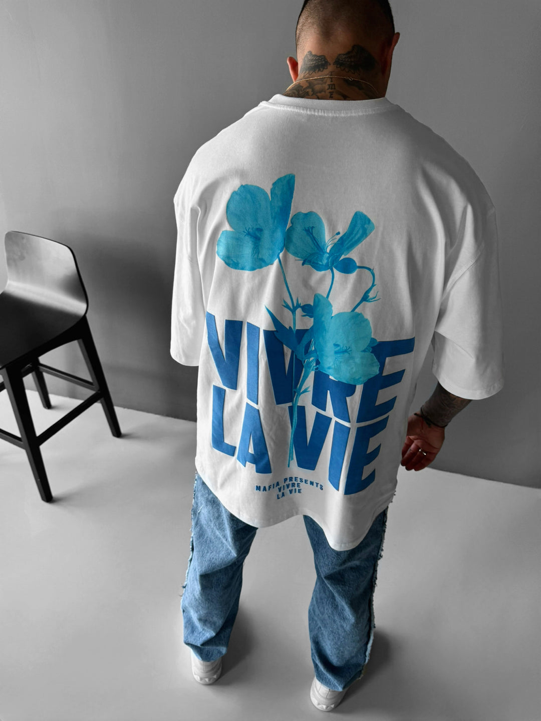 Oversize Vivre la Vie T-shirt - Ecru and Blue
