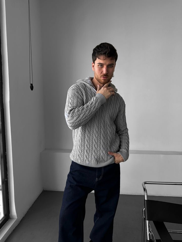 Oversize Collar Braid Zipper Pullover - Grey