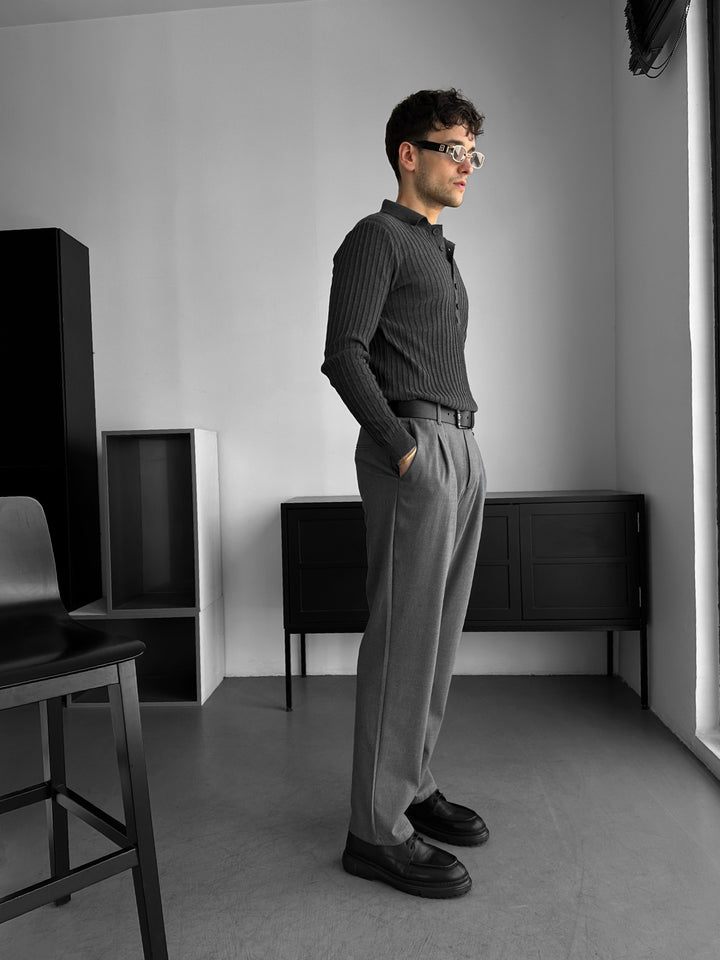 Slim Fit Polo Knit Sweater - Anthracite