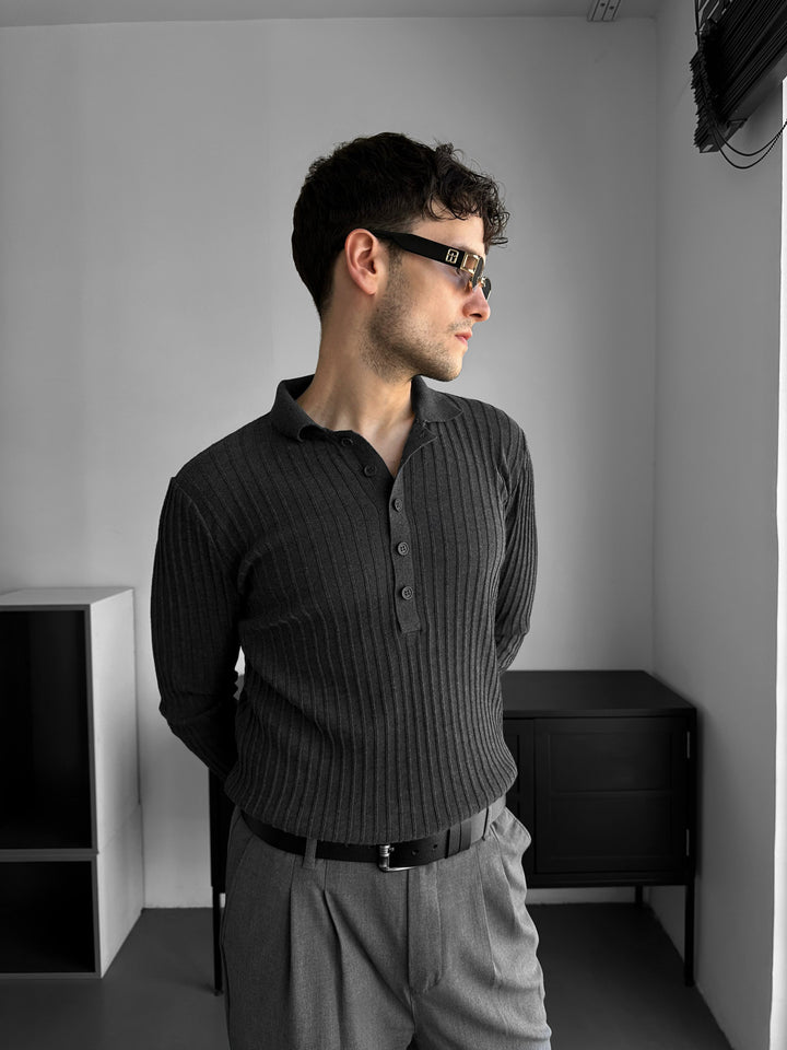 Slim Fit Polo Knit Sweater - Anthracite