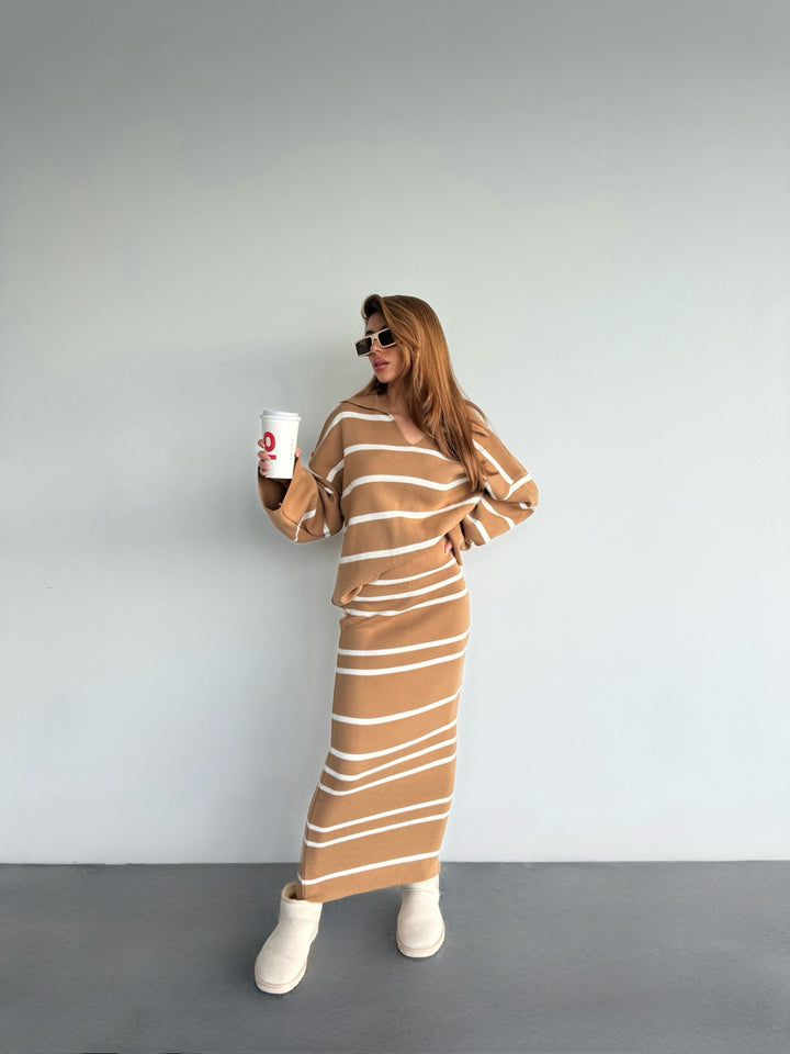 Knit Striped Skirt - Brown