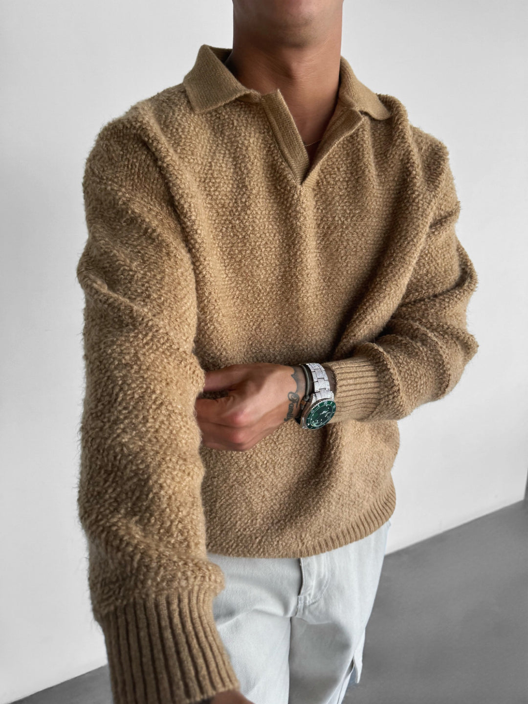 Oversize Collar Brushed Knit Sweater - Camel