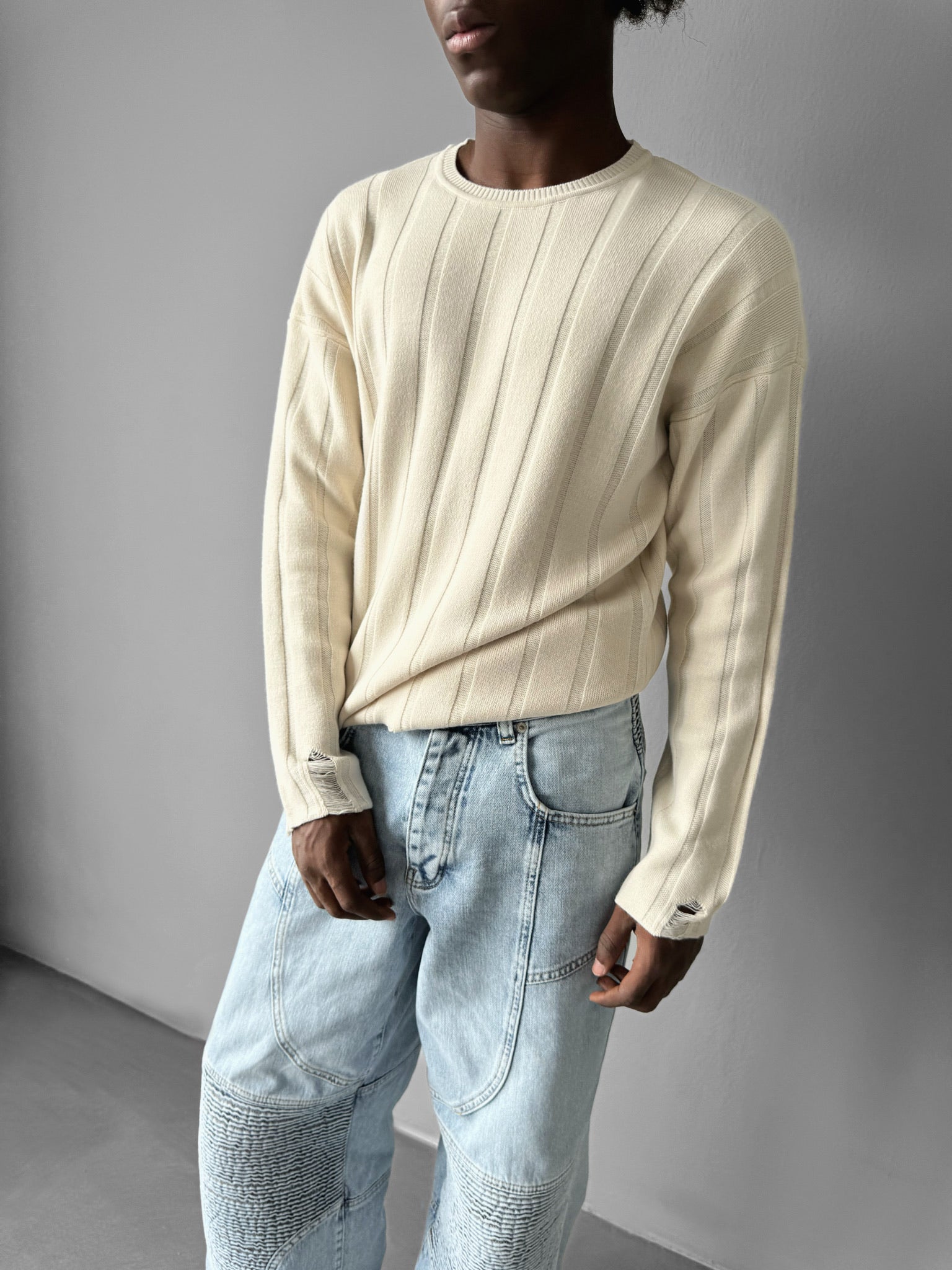 Loose Fit Knit Striped Torn Sweater - Cremé – Kleidermafia