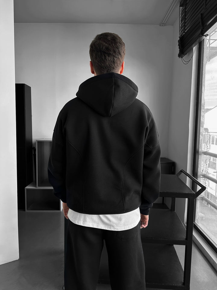Loose Fit Half-Zip Basic Hoodie - Black