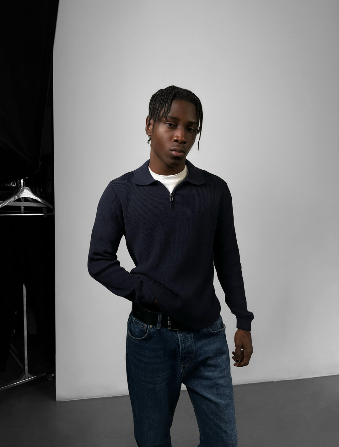 Loose Fit Polo Knit Sweater - Navy Blue