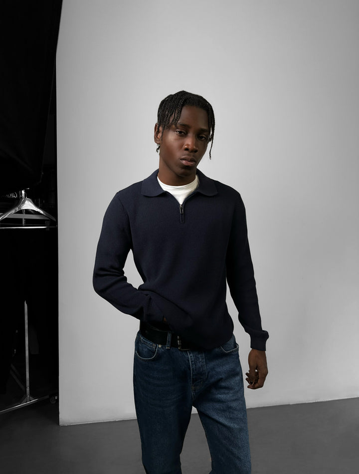 Loose Fit Polo Knit Sweater - Navy Blue