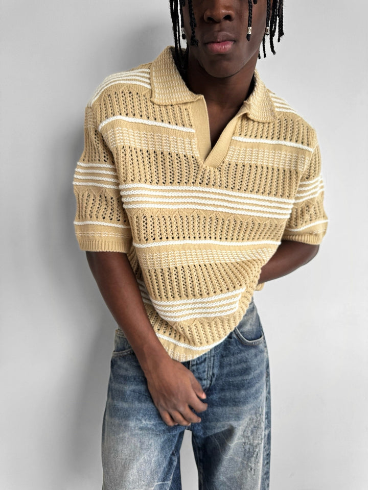 Loose Fit Patterned collar knit T-Shirt - Beige