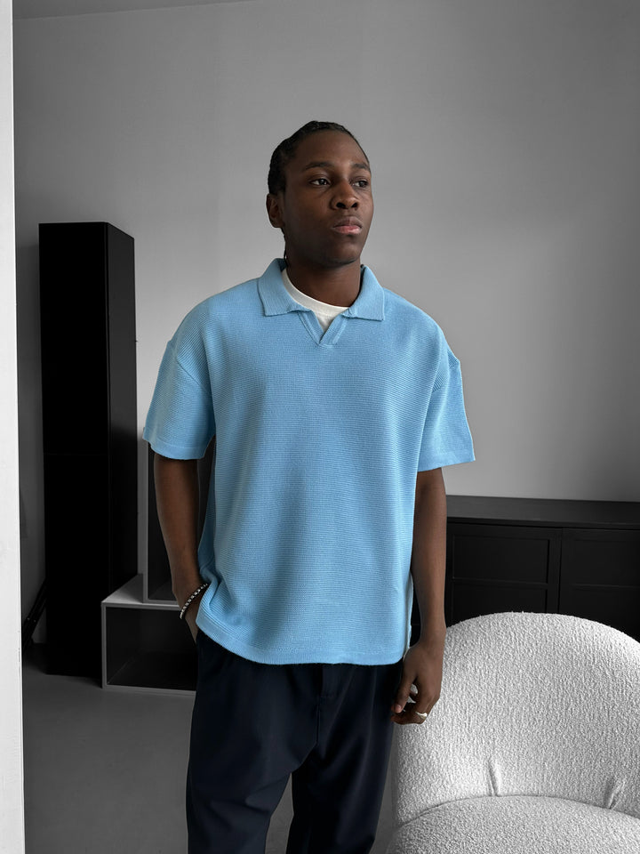 Oversize Collar Ribbed Knit T-Shirt - Babyblue