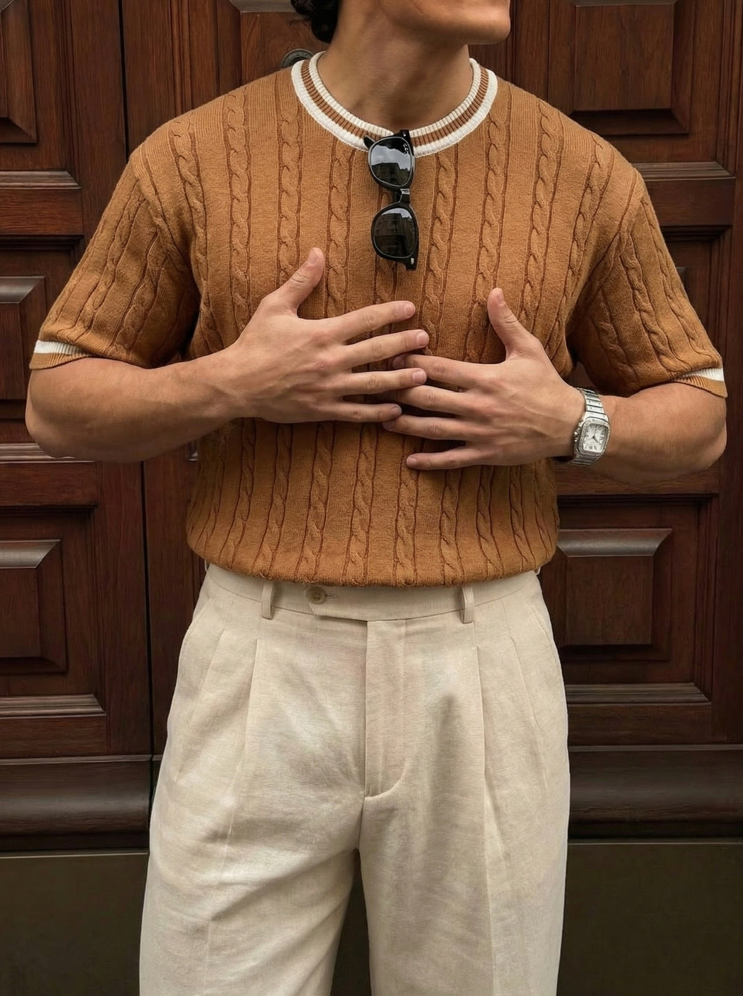 Regular Fit Braid Knit T-shirt - Camel