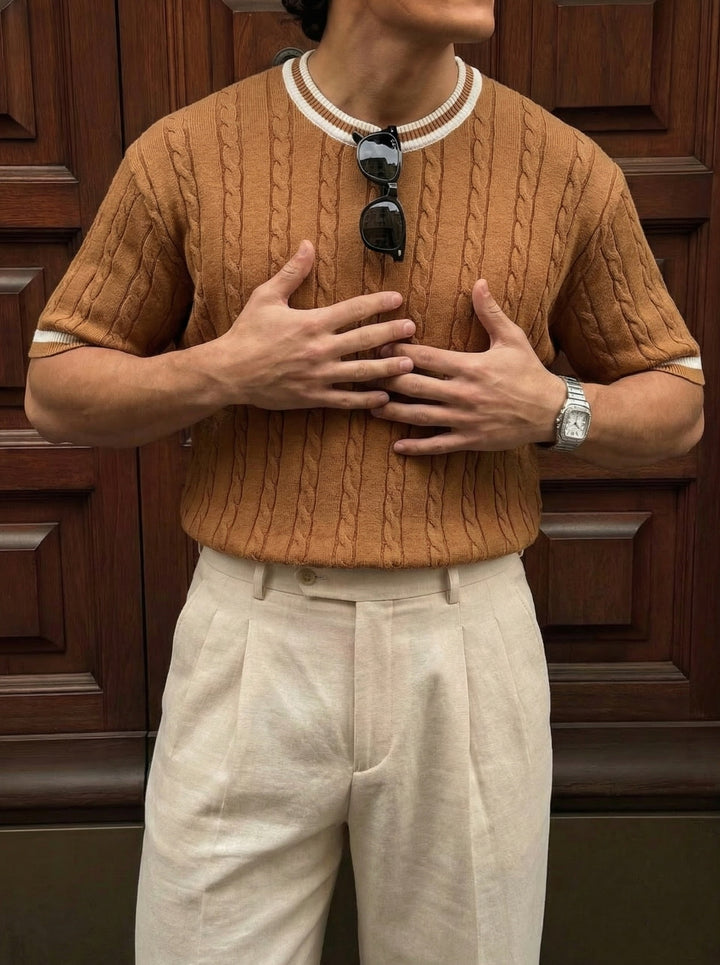 Regular Fit Braid Knit T-shirt - Camel