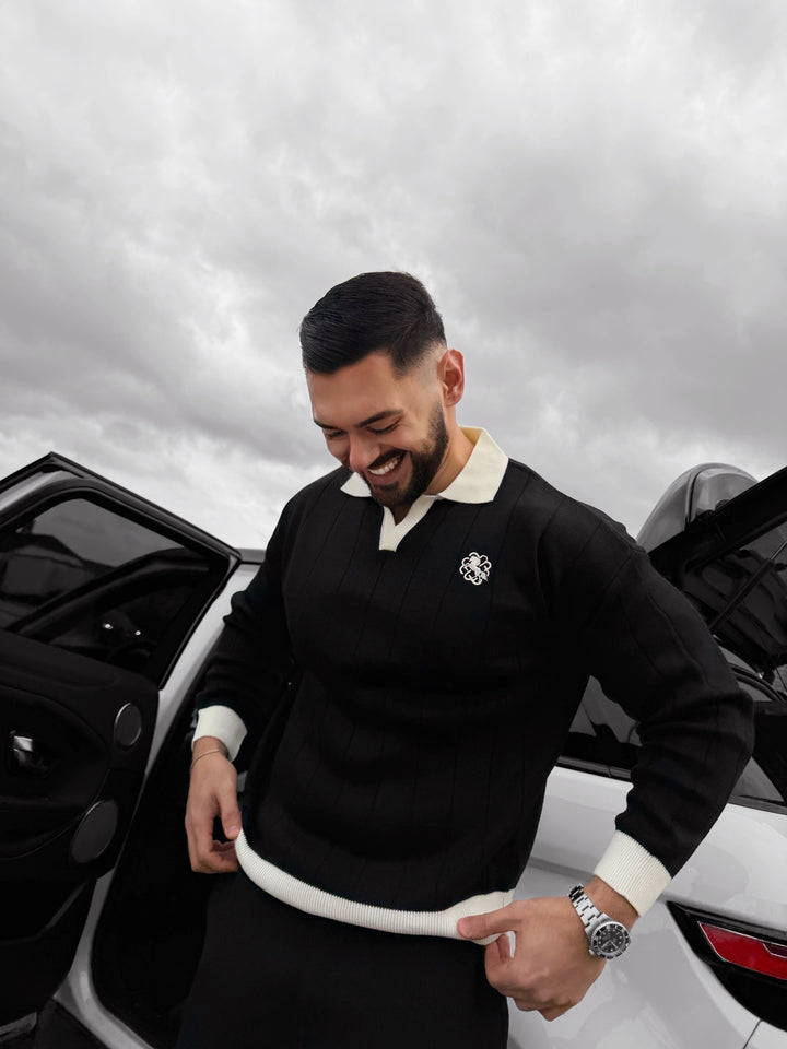 Oversized Embroidered Polo Sweater - Black