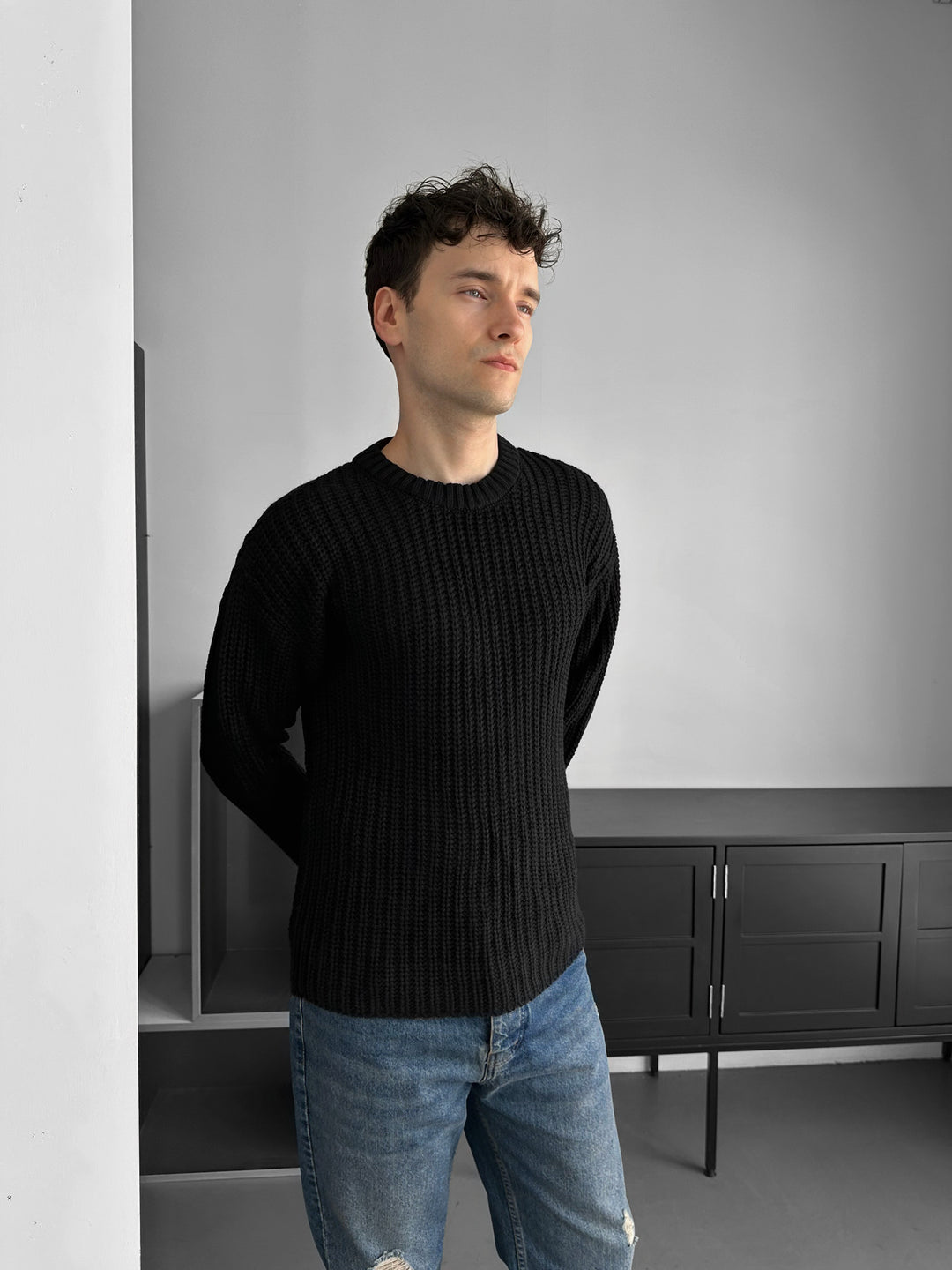 Slim Fit Braid Knit Sweater - Black