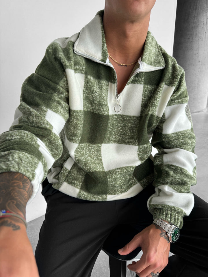 Oversize Checked Zipper Pullover - Green