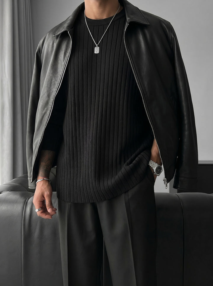 Oversize Wide Ribbed Long Arm Knit Sweatshirt - Black