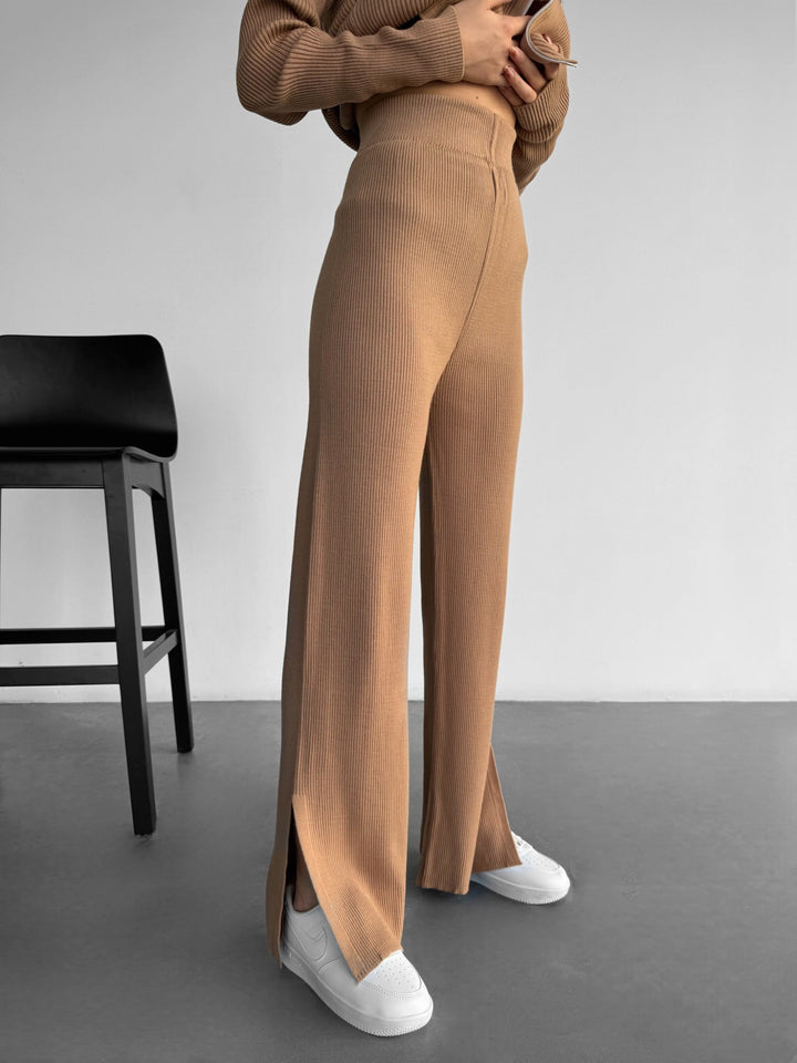 Wide Leg Knit Trouser With Split - Brown