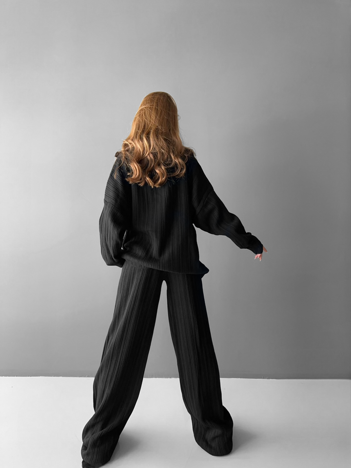 Wide Leg Knit Trousers - Black