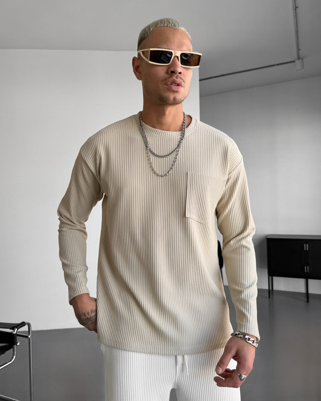 Loose Fit Striped Pocket Sweatshirt - Beige