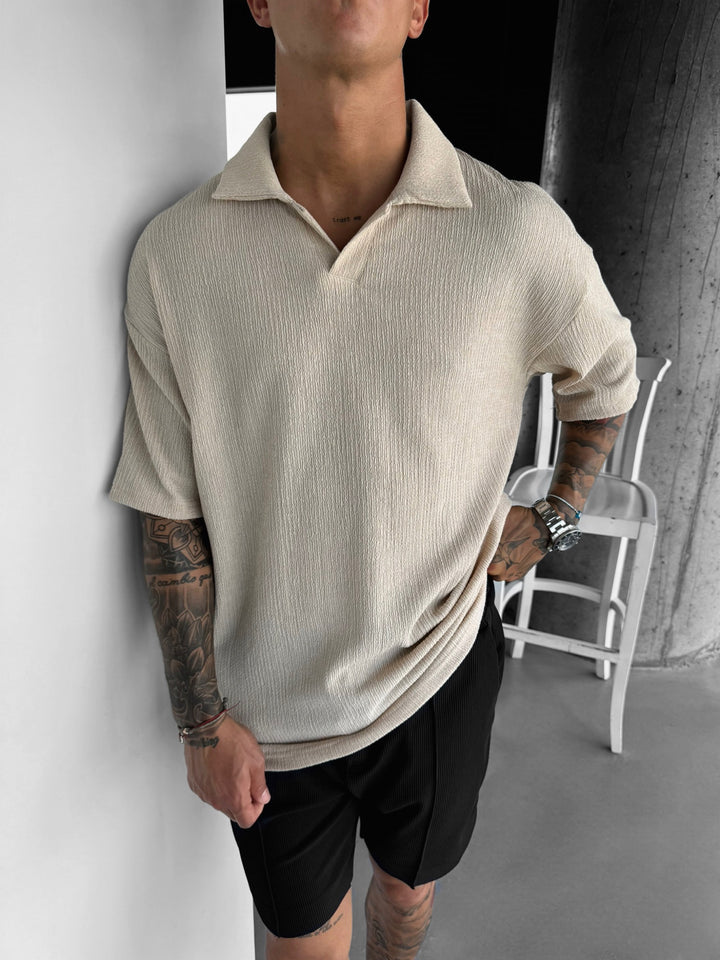 Oversize Crepe Polo T-Shirt - Beige