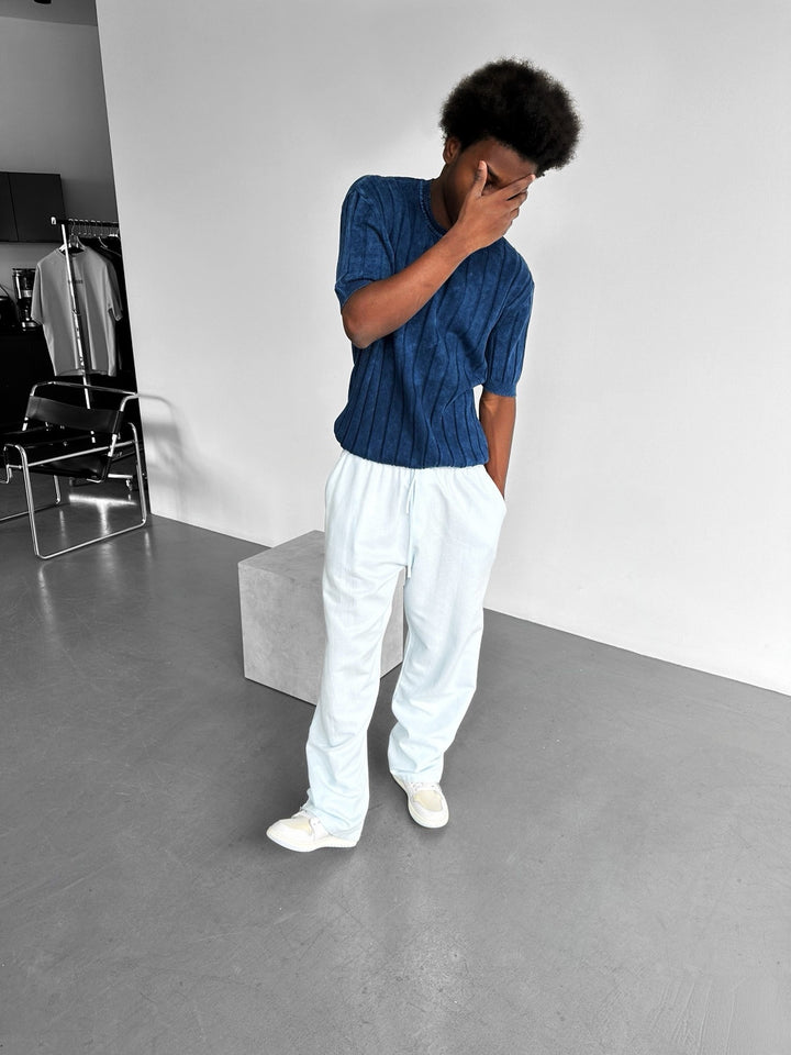 Straight Cut Mixed Fabric Trousers - Babyblue