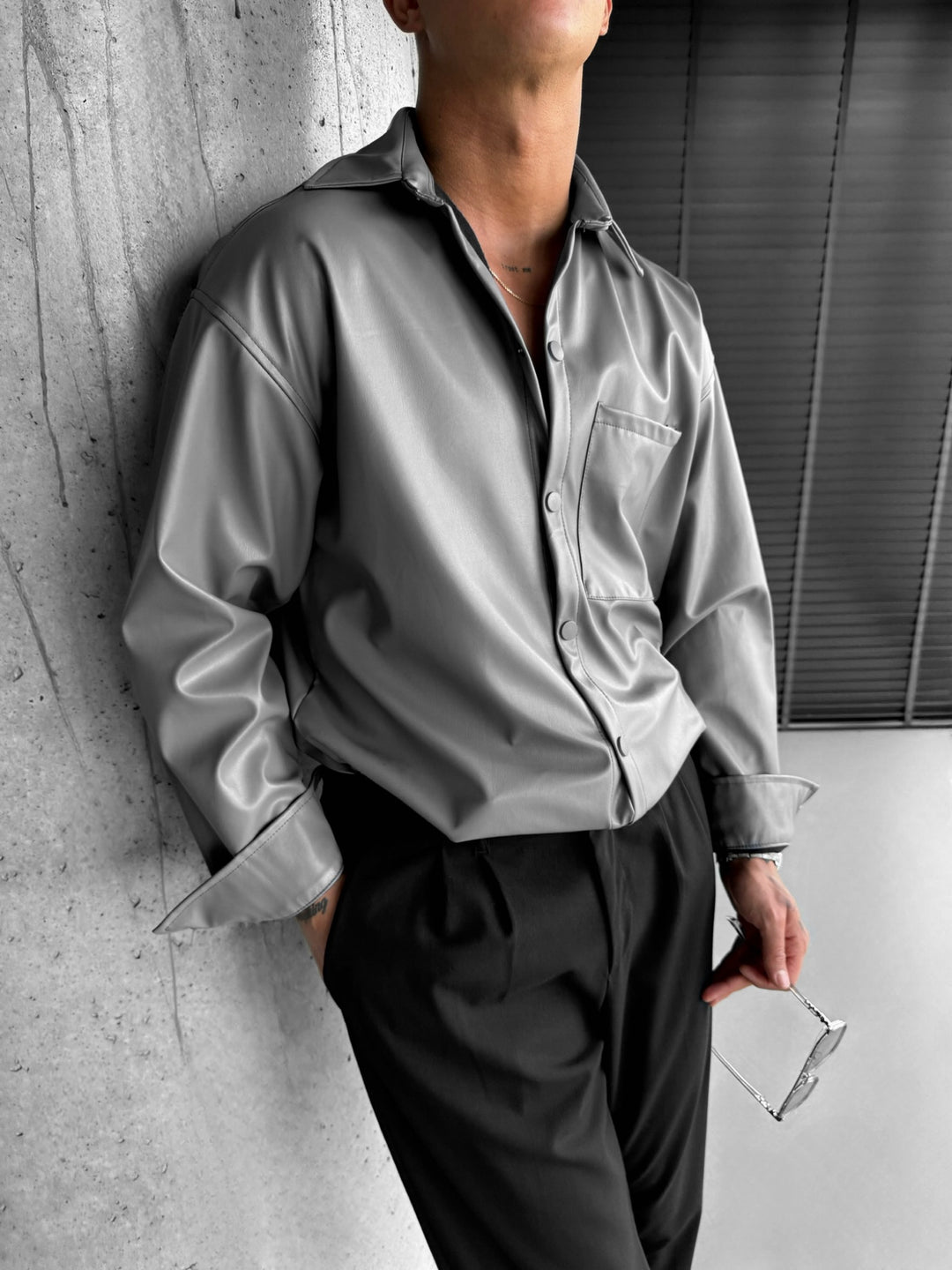 Oversize Leather Optik Shirt - Cool Grey