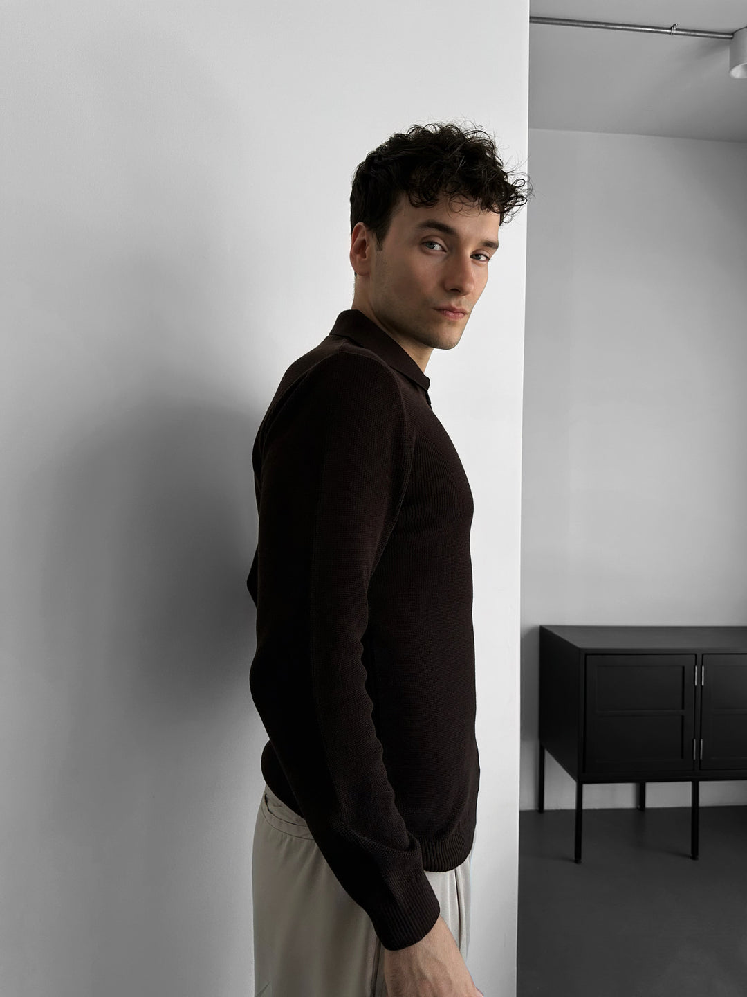 Loose Fit Polo Knit Sweater - Dark Brown