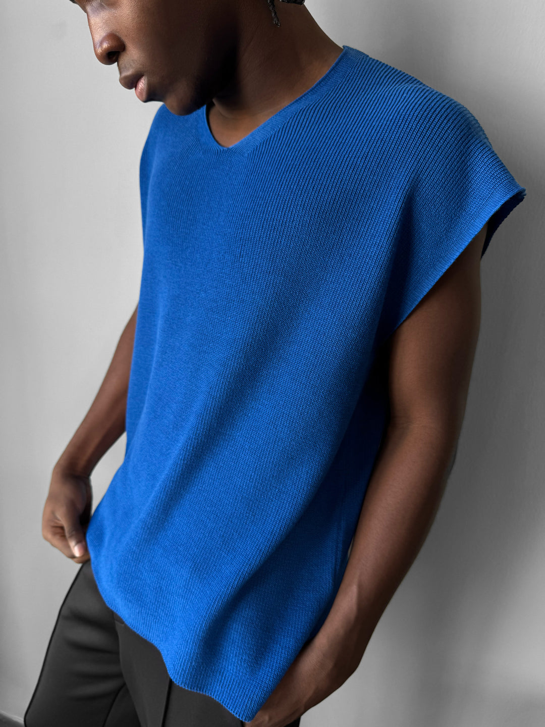 Oversize rolled Edge Knit Tanktop - Sax Blue