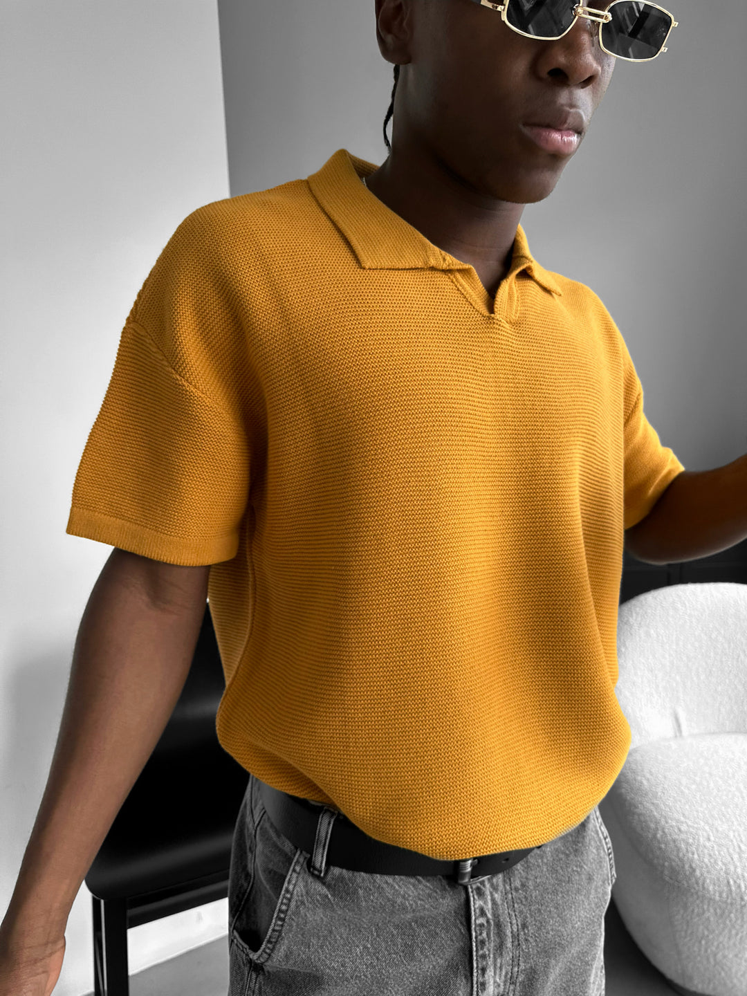 Oversize Collar Ribbed Knit T-Shirt - Saffron
