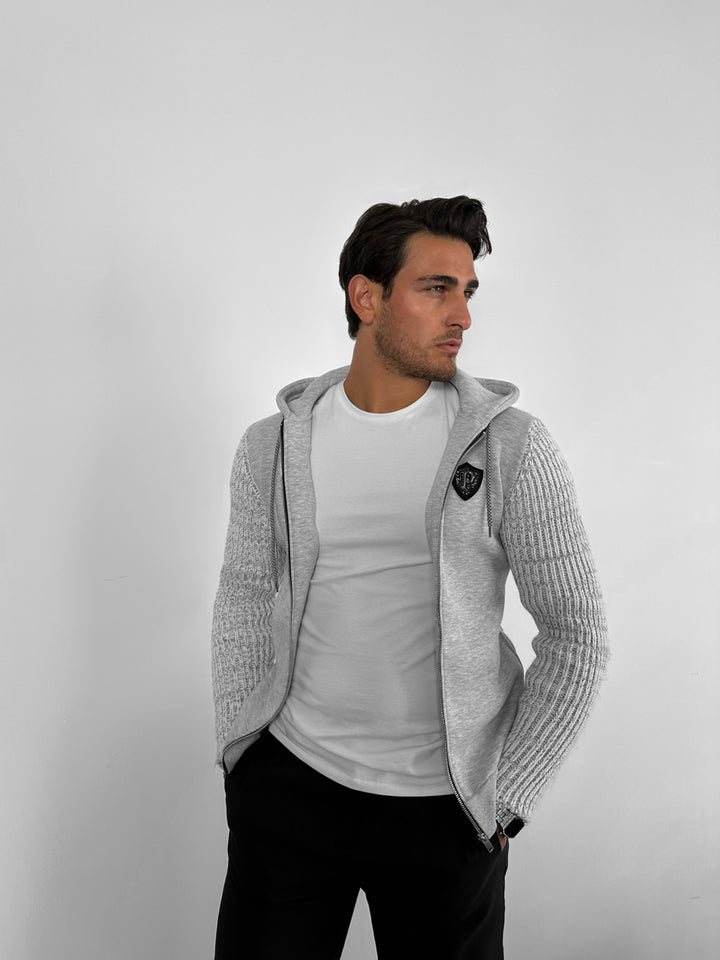 Regular Fit Knit Detail Zip Hoodie - Grey