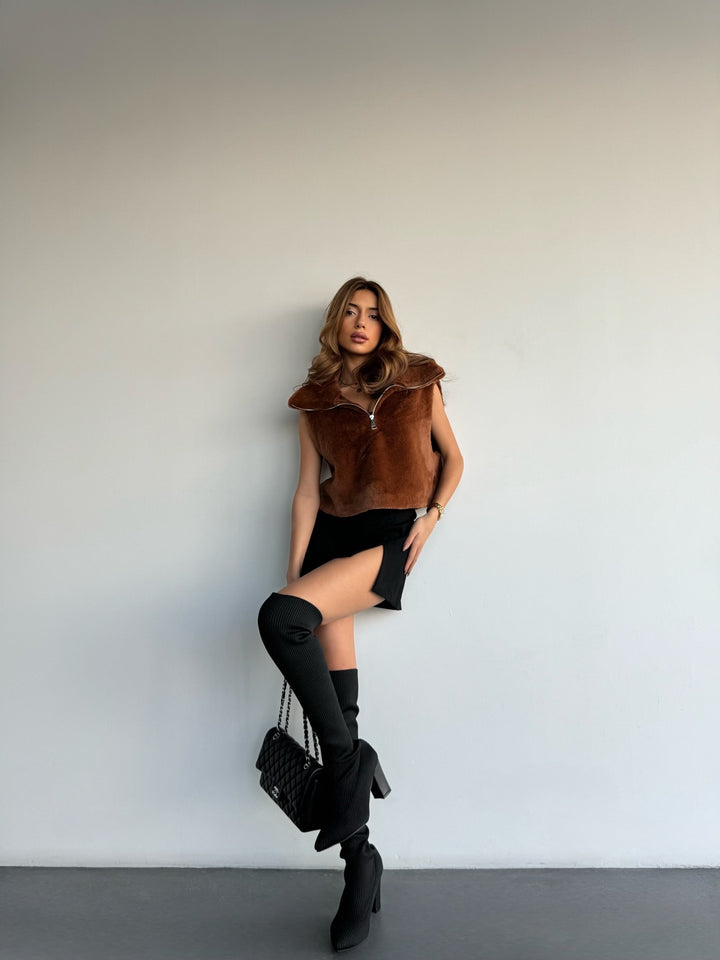 Faux Fur Vest with Zip - Coffee