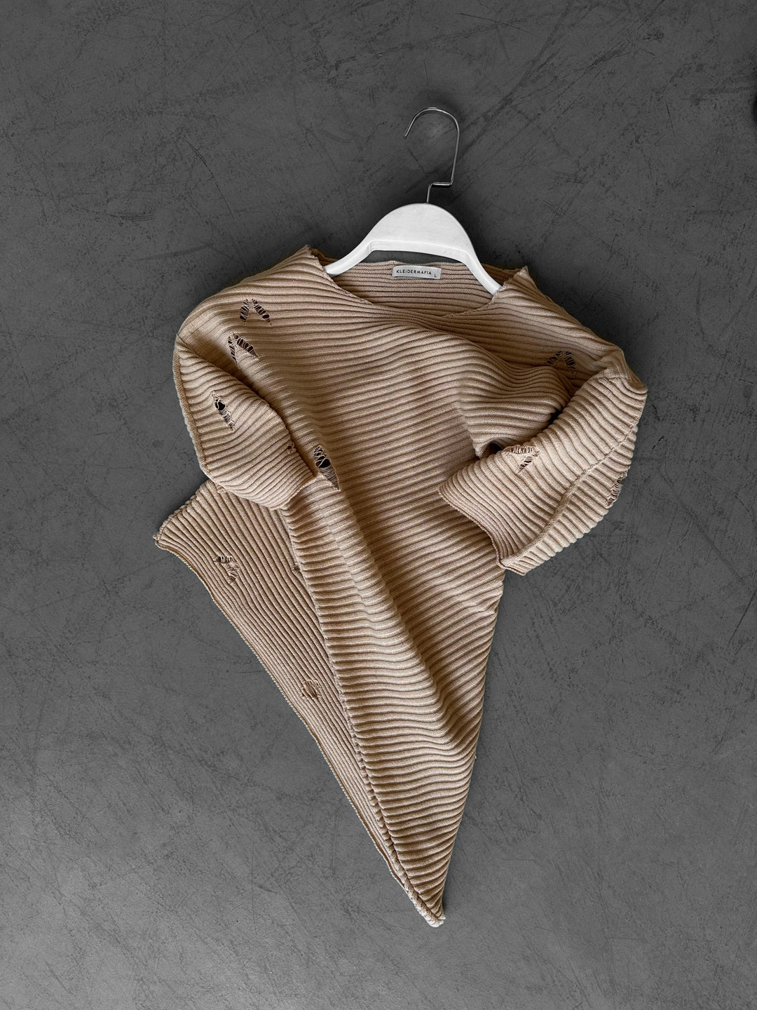 Loose Fit Torn Knit T-Shirt - Beige