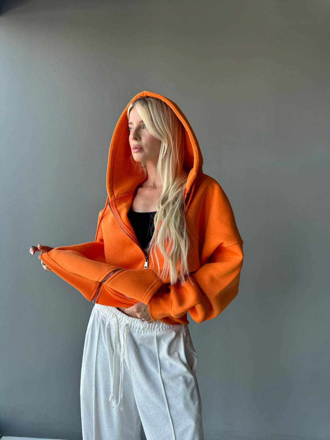 Oversize Basic Zipper Hoodie - Orange