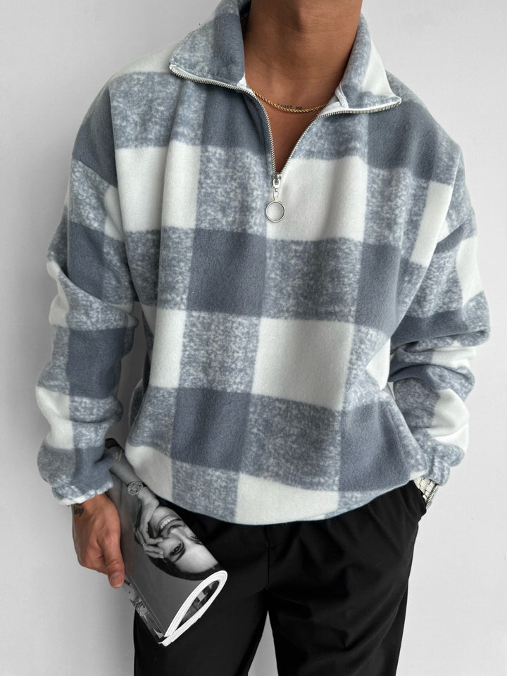 Oversize Checked Zipper Pullover - Grey