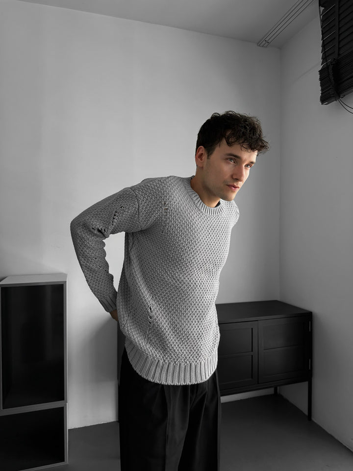 Regular Fit Textured Torn Sweater - Grey
