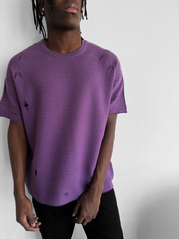 Loose Fit Torn Ribbed Knit T-Shirt - Purple