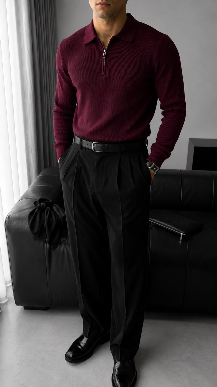 Loose Fit Polo Knit Sweater - Bordeaux