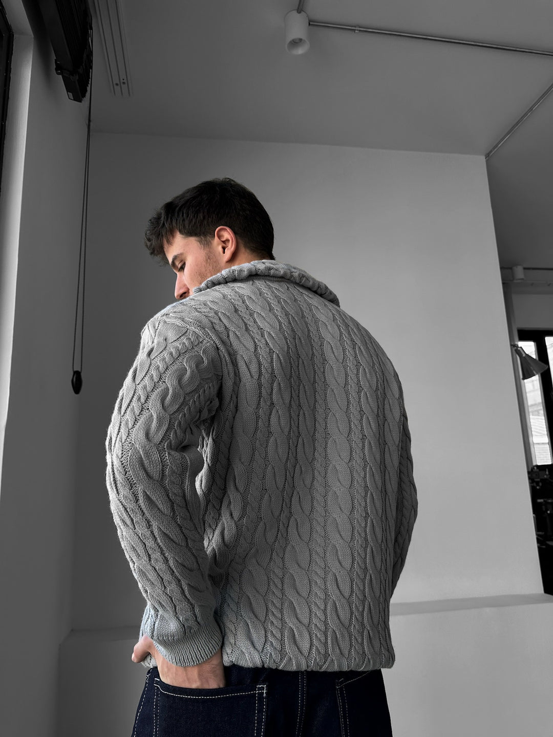 Oversize Collar Braid Zipper Pullover - Grey