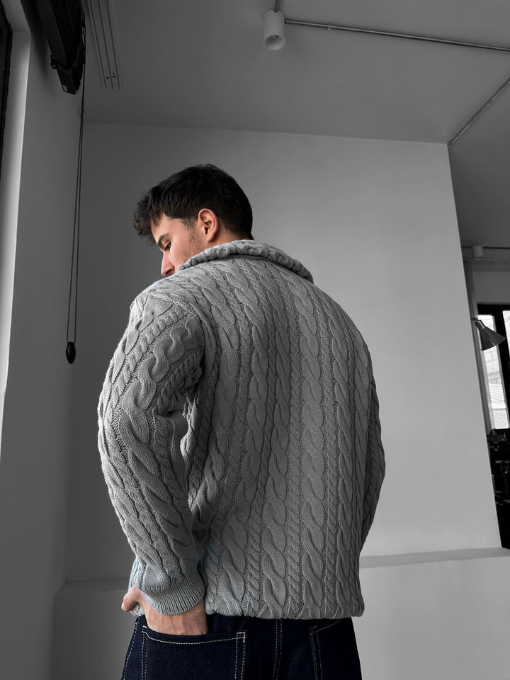 Oversize Collar Braid Zipper Pullover - Grey