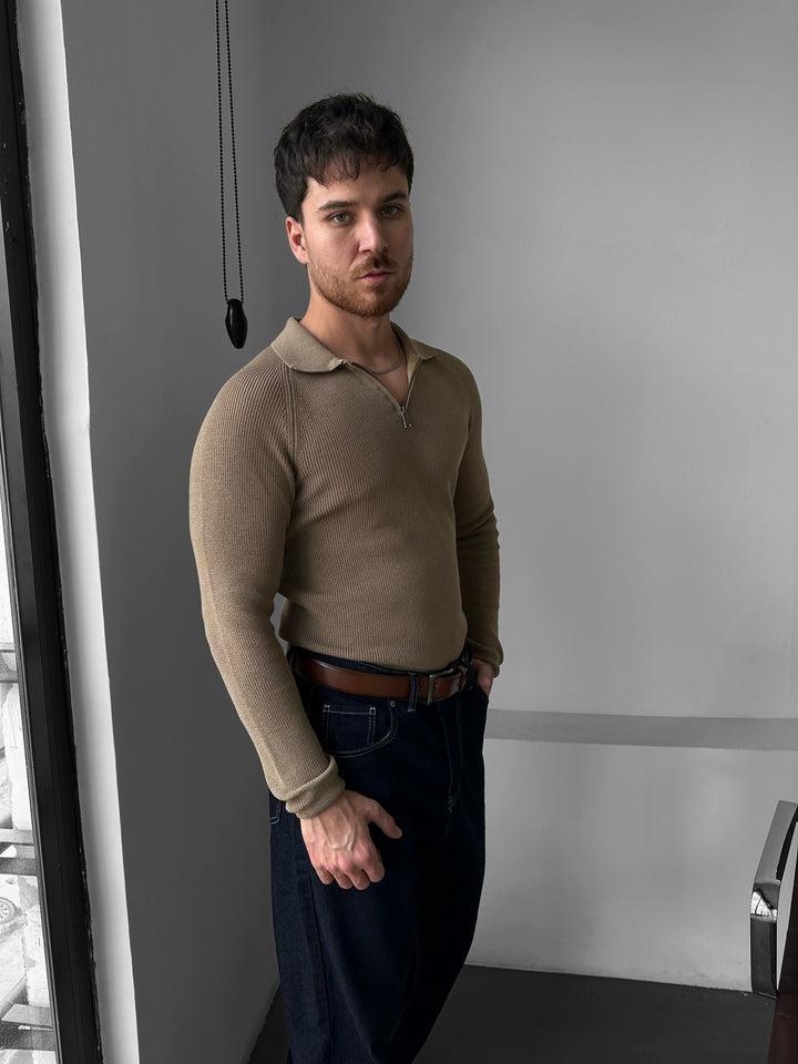 Slim Fit Knit Zipper Polo Sweater - Camel