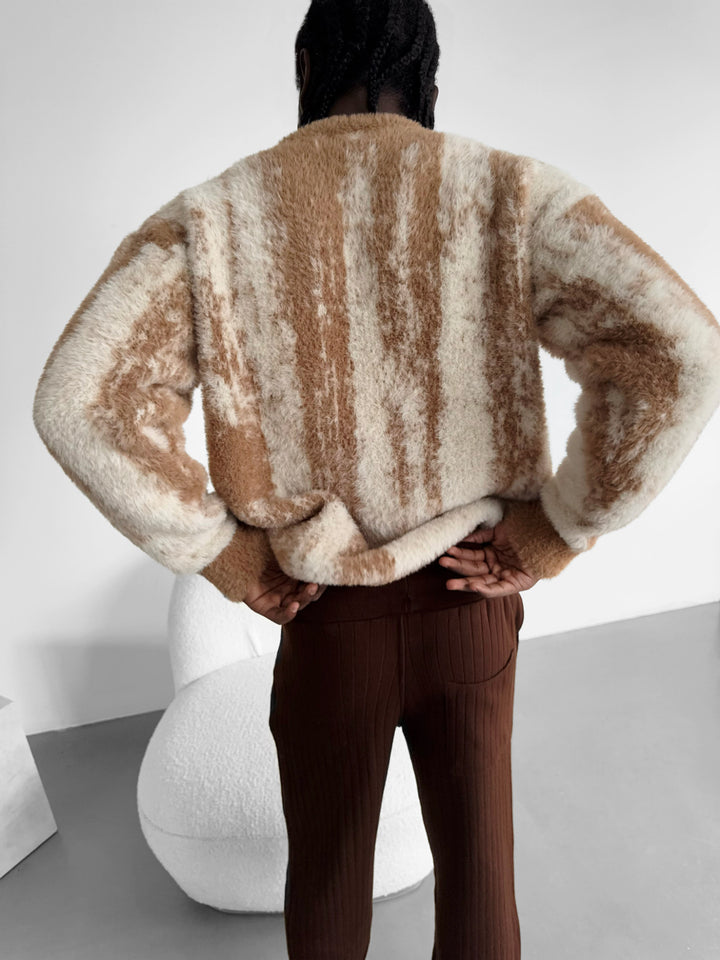 Oversize Brushstroke Effect Knit Pullover - Wood Smoke Cream