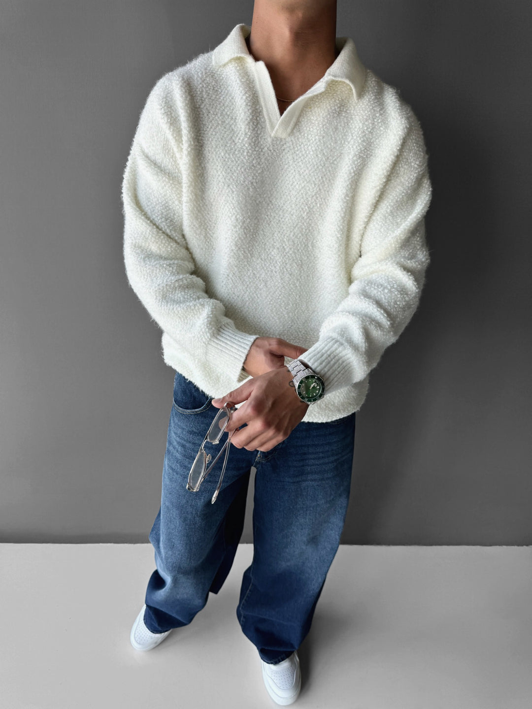 Oversize Collar Brushed Knit Sweater - White