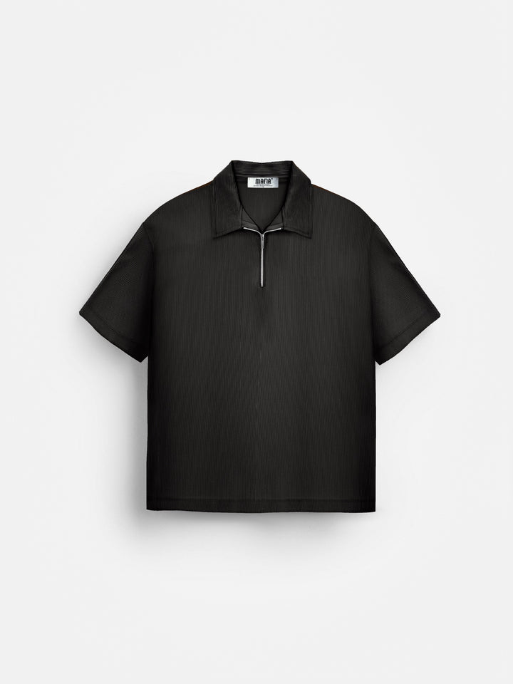 Oversize Textured Zipper Polo T-Shirt - Black