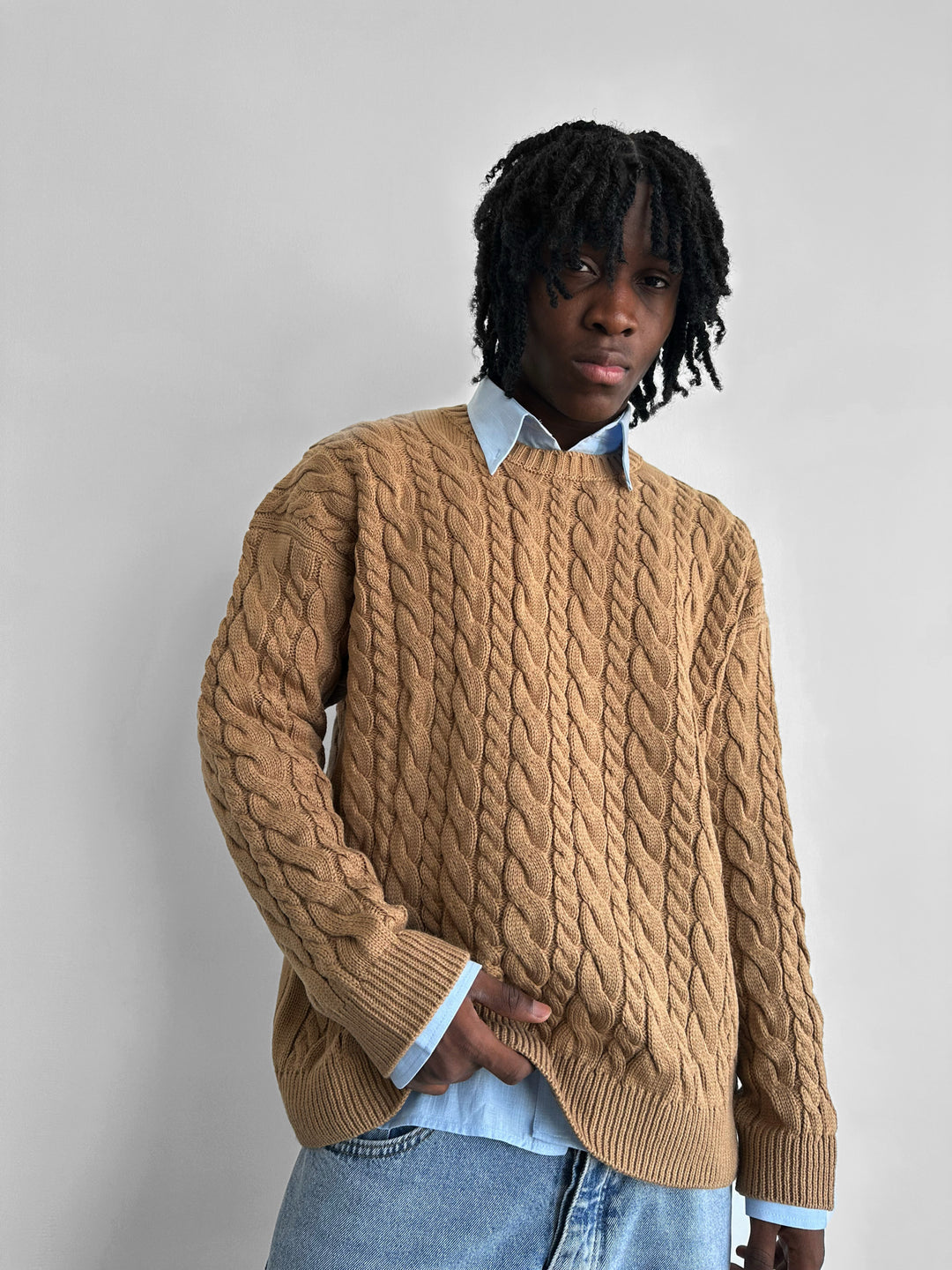 Oversize Knit Braid Sweater - Brown