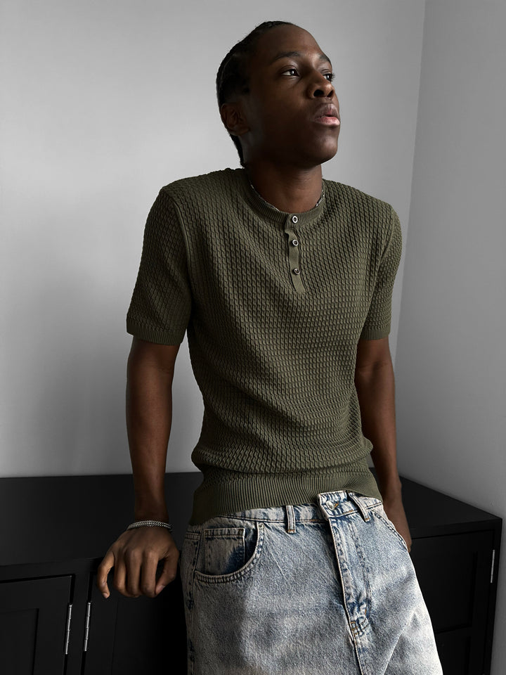 Regular Fit Waffle Button T-shirt - Khaki