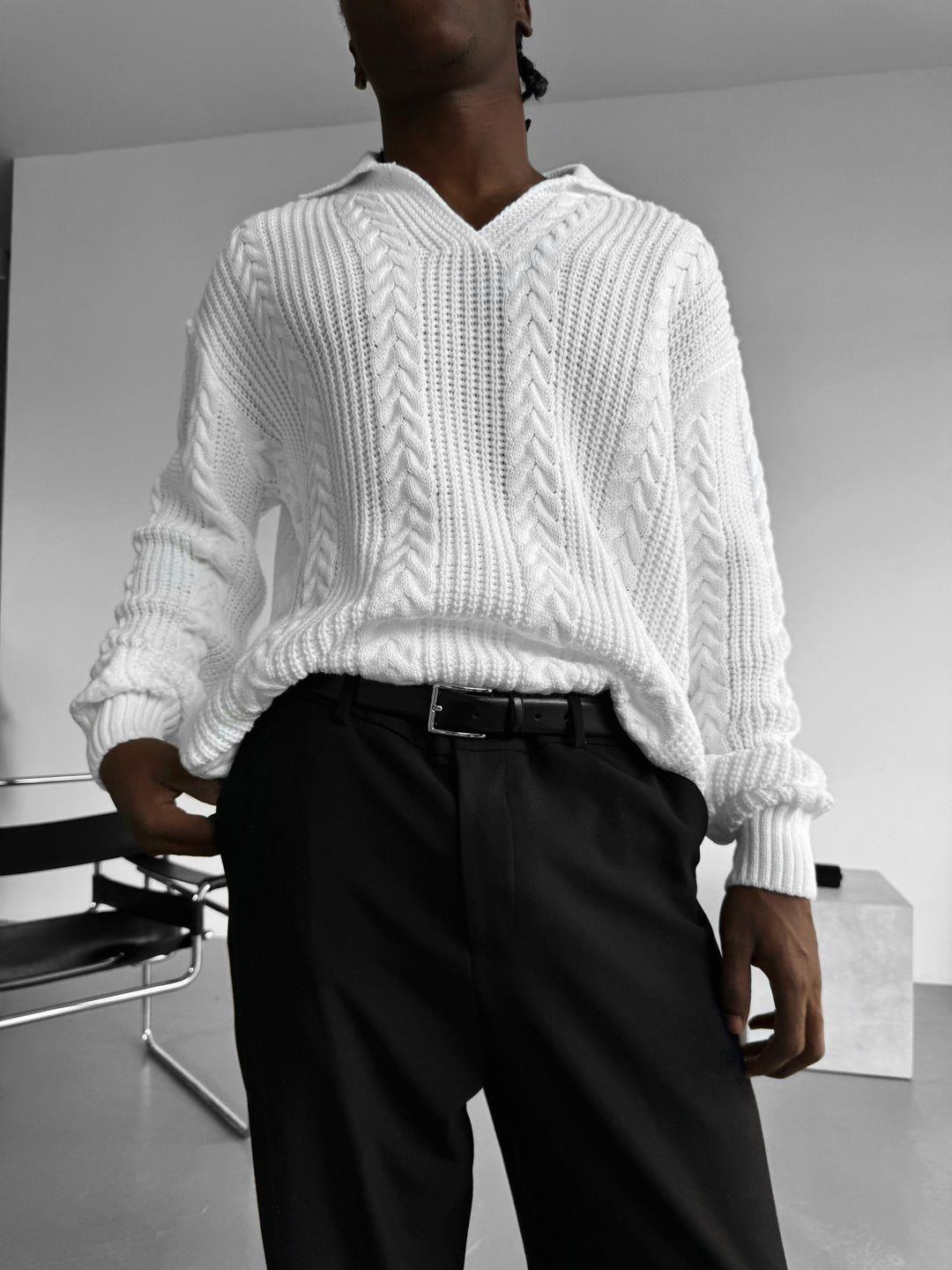 Oversize Braided Structure Polo Sweater - Bright White