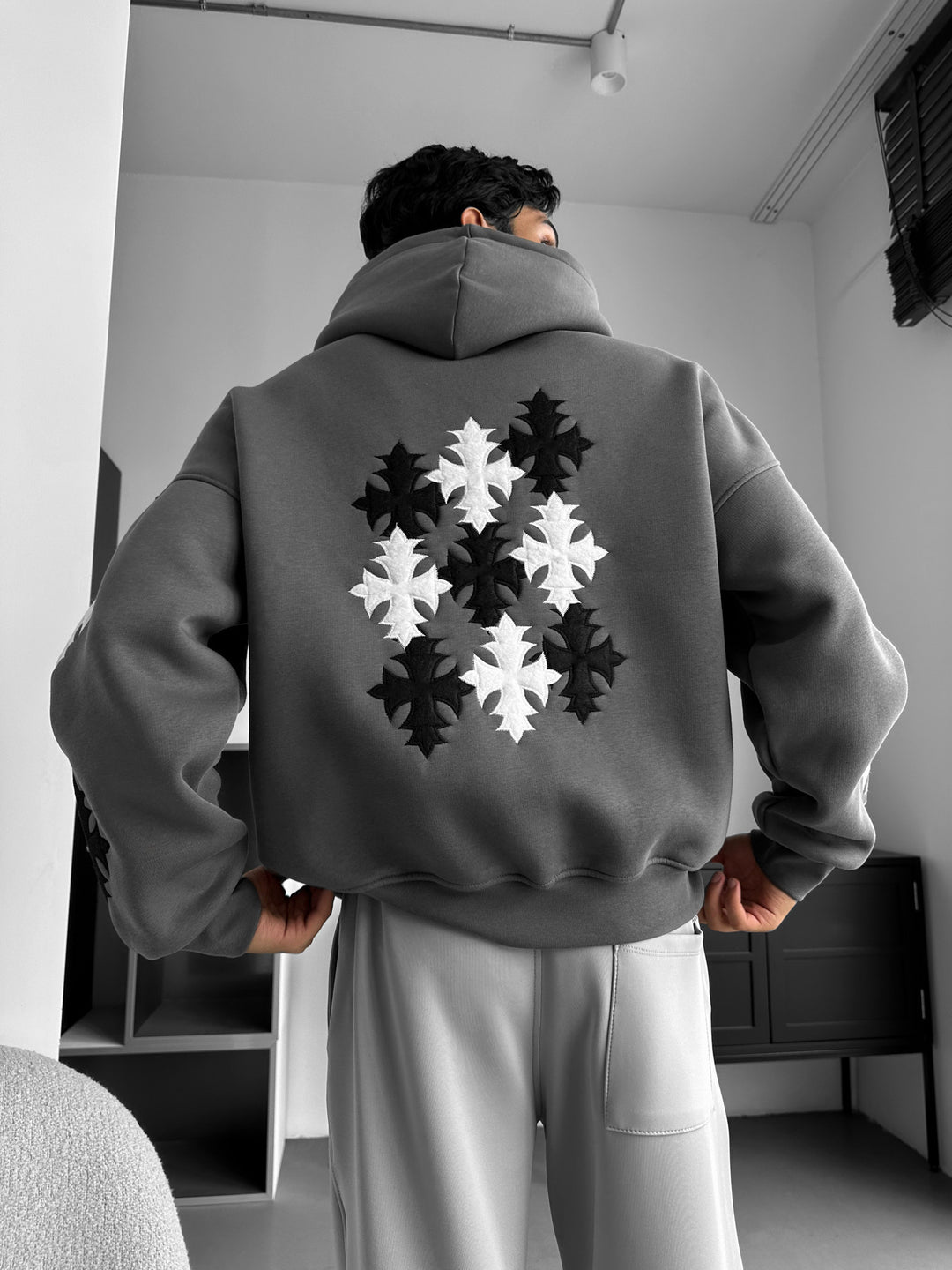 Oversize Gothic Cross Hoodie - Anthracite