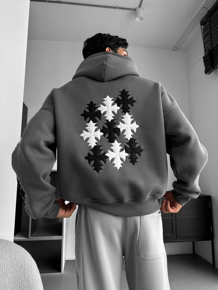 Oversize Gothic Cross Hoodie - Anthracite