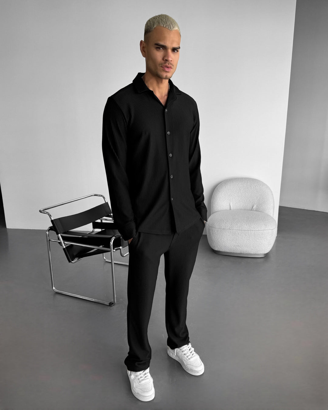 Loose Fit Striped Trousers - Black