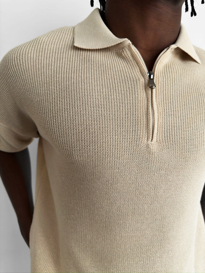 Oversize Zipper Knit Polo T-shirt - Beige