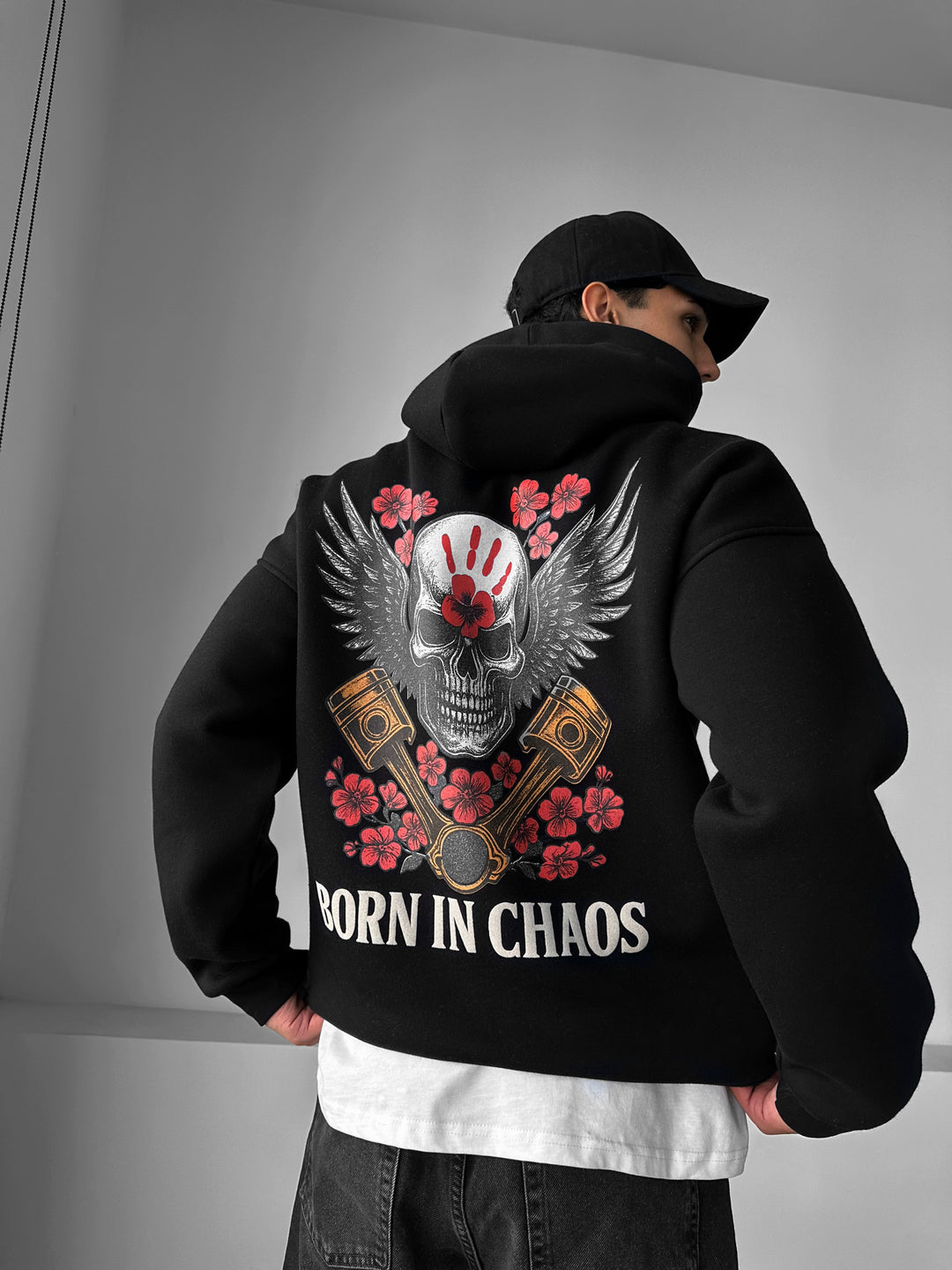 Oversize Skeleton Born in Chaos Hoodie - Black