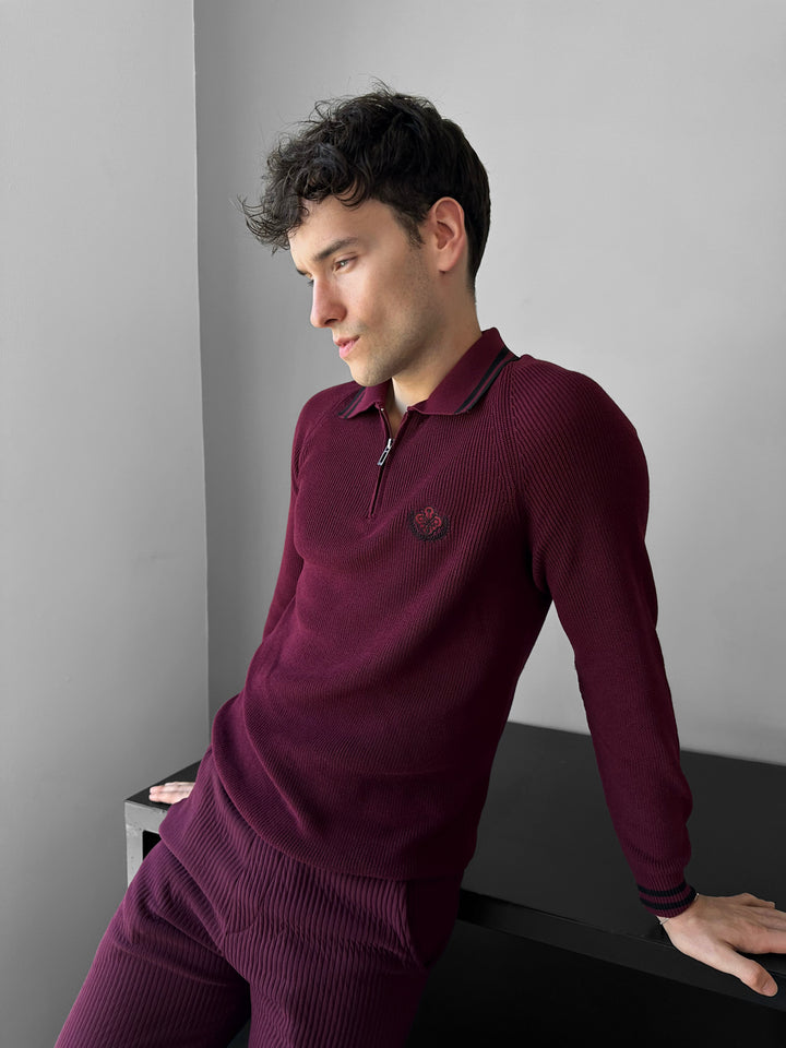 Slim Fit Half-Zip Embroidered Polo Sweater - Bordeaux
